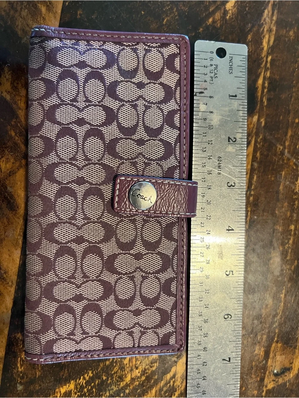 Coach Signature Card Holder Wallet in Plum and Leather Trim
